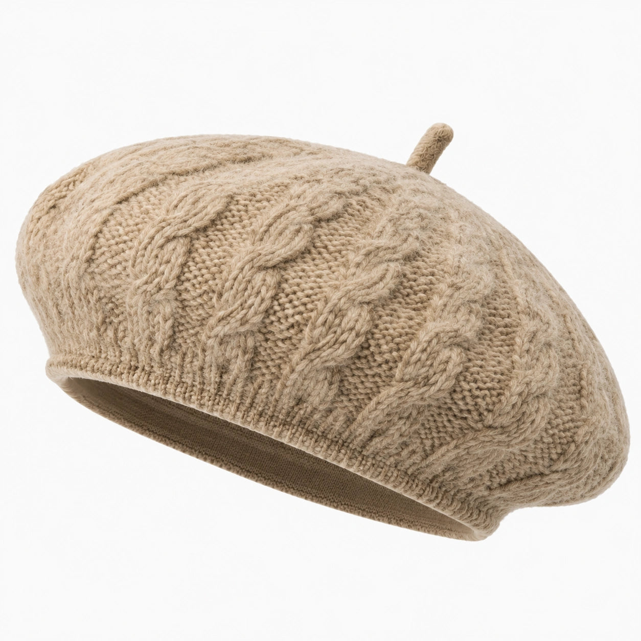 Baskenmütze Einheitsgröße aus Stricktextil in Beige mit Zopfmuster