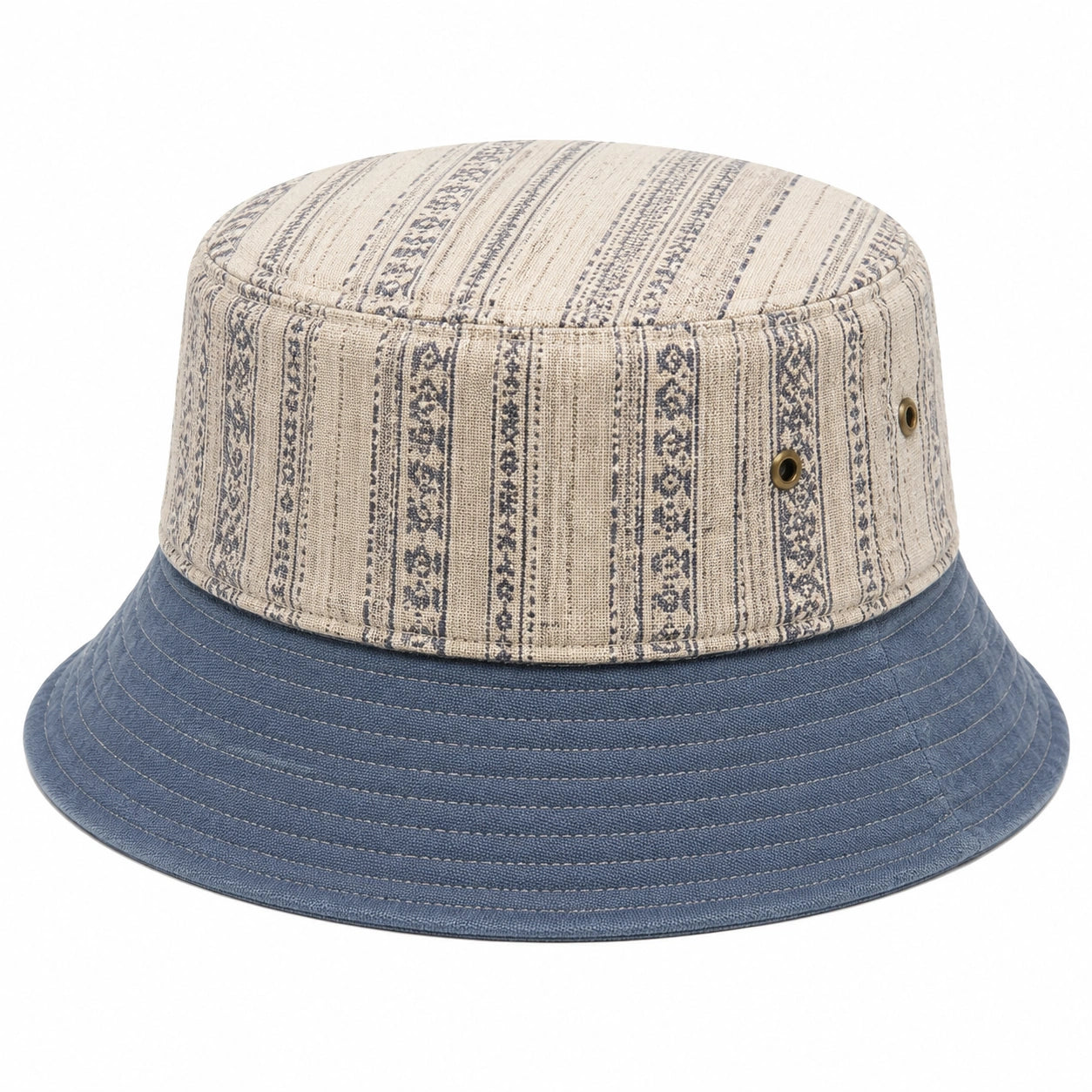 Bucket Hat Einheitsgröße aus Textil in Beige Blau mit Muster und breiter Krempe