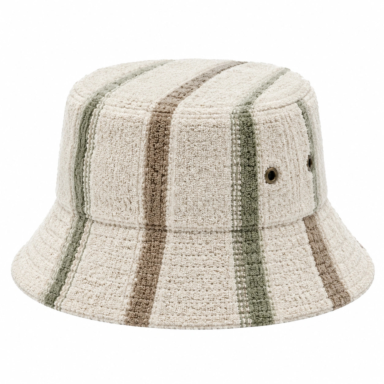 Fischerhut Einheitsgröße aus Baumwollfrottee in Creme Grün Braun mit gestreiftem Design
