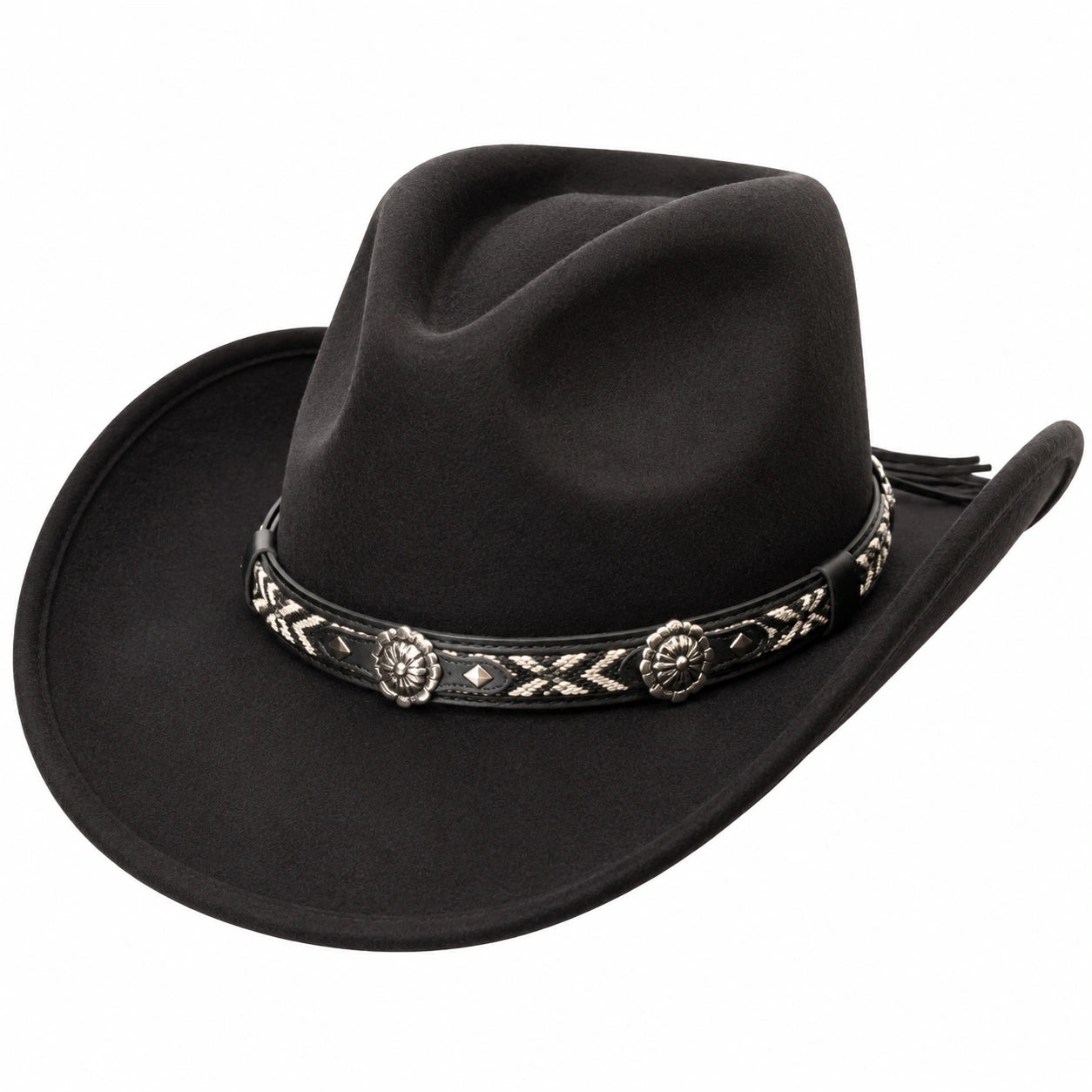 Cowboyhut Einheitsgröße aus Filz Schwarz mit dekorativem Hutband