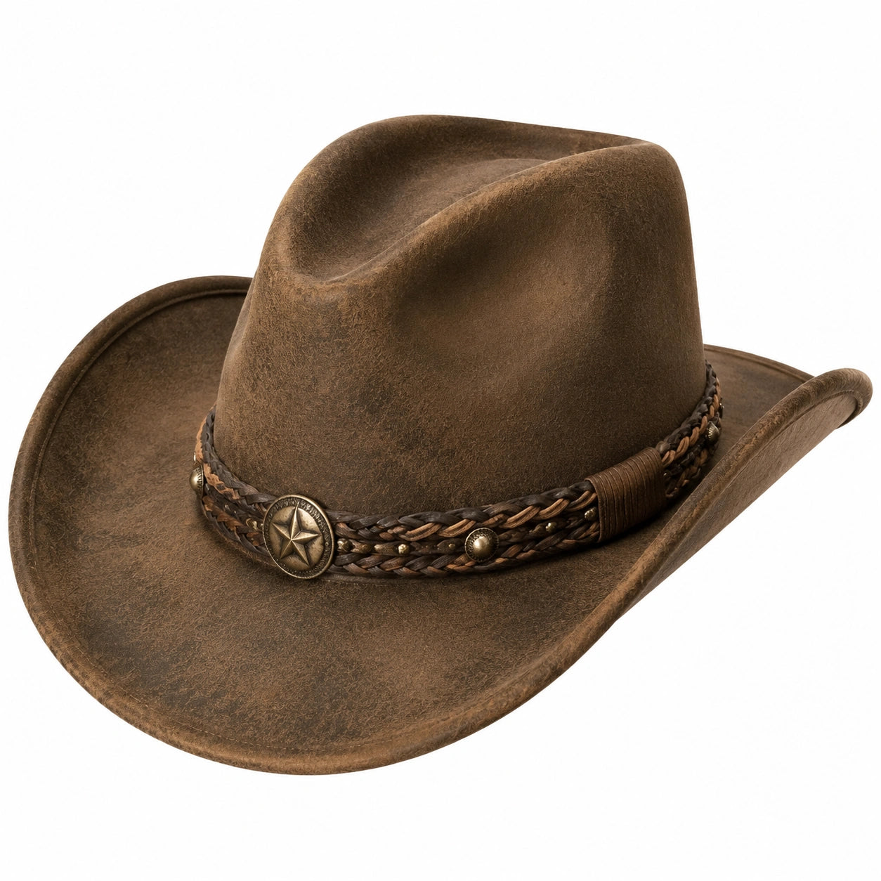 Cowboyhut Einheitsgröße Braun in Lederoptik mit geflochtenem Hutband Westernstil