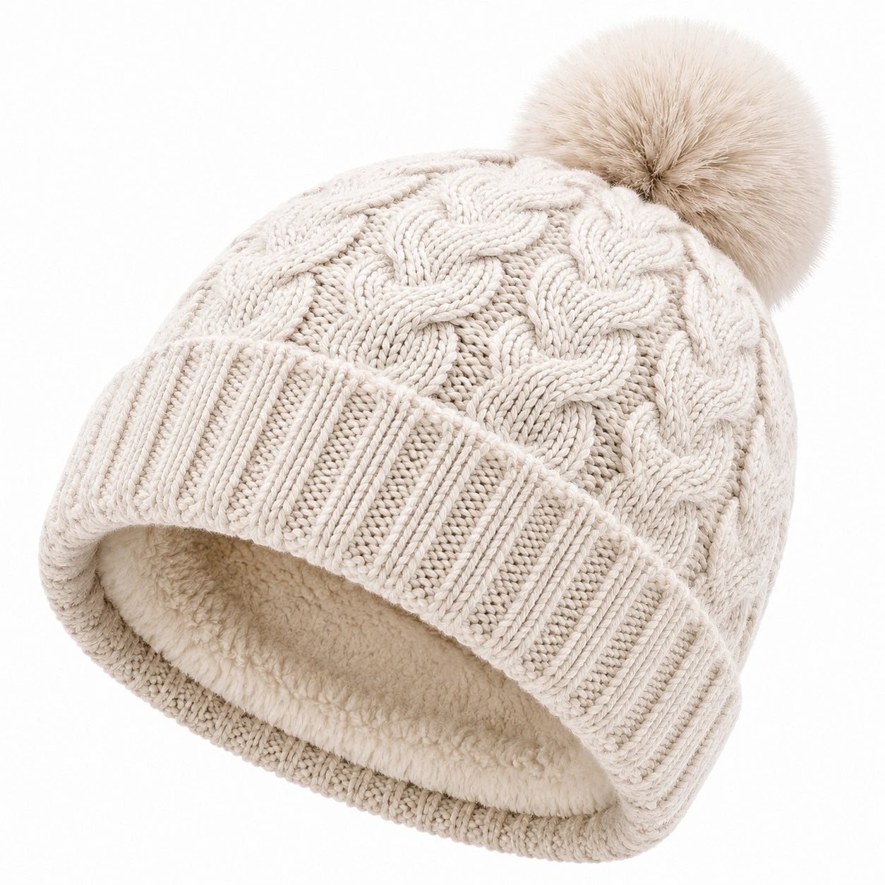Strickmütze Einheitsgröße Creme mit Bommel und Fleecefutter