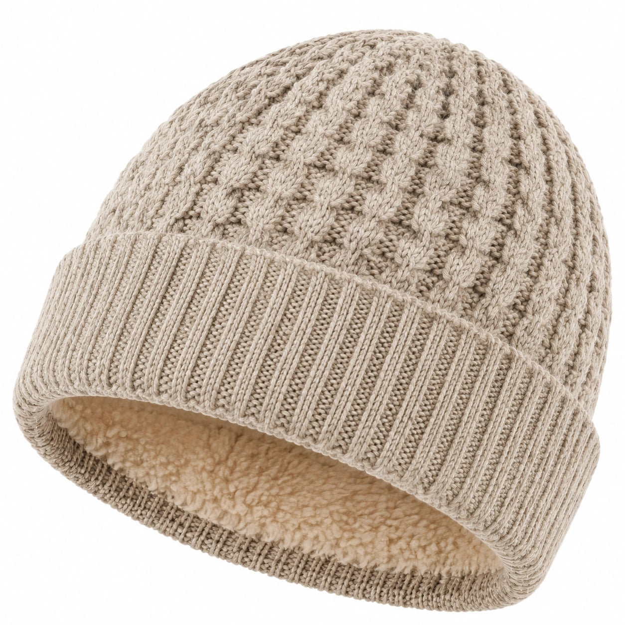Strickmütze Einheitsgröße Beige mit Fleecefutter und Zopfmuster