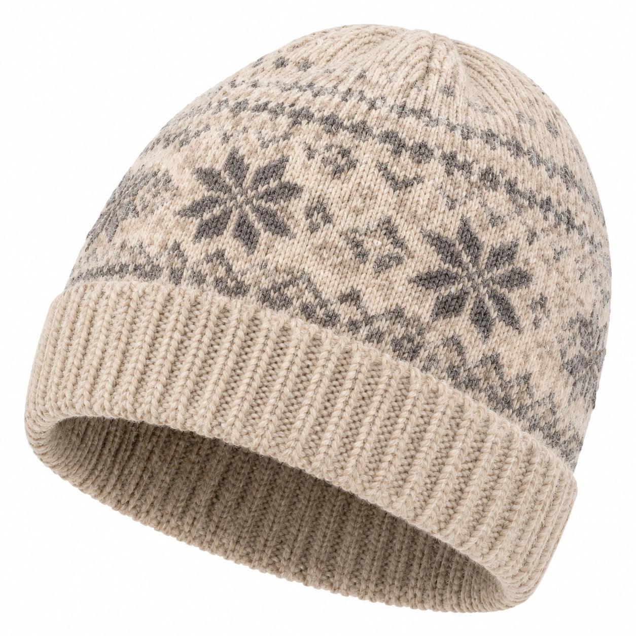 Strickmütze Einheitsgröße Beige/Grau mit Umschlag und Schneeflockenmuster für Winter