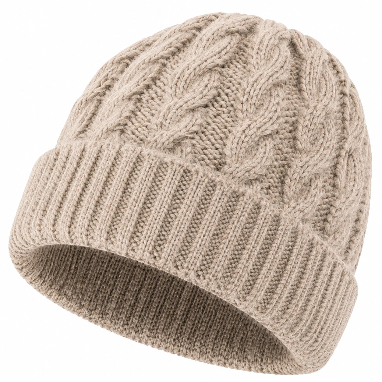 Strickmütze Einheitsgröße Beige mit Zopfmuster und Umschlag für Damen und Herren